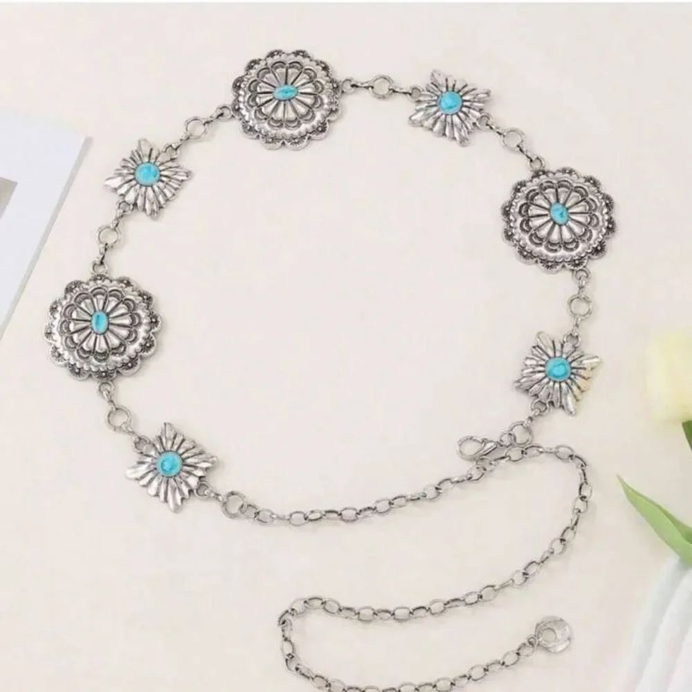 Silver and Blue Ornate Belt with Intricate Detailing A1371